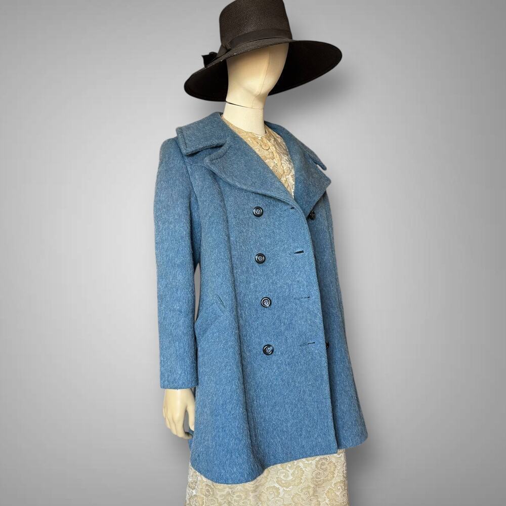 1970s Mod Blue Wool Double Breasted Pea Coat Dramatic Collar Med Vintage Jacket - Picture 10 of 13